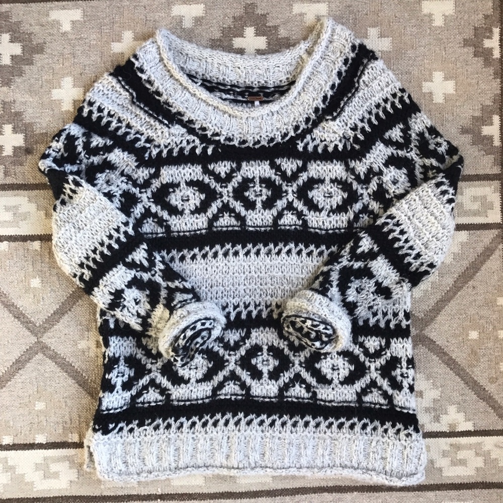 Free People Black and Gray Patterned Sweater